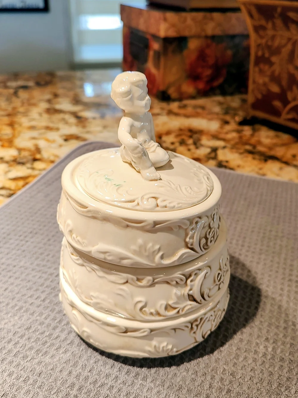 Enesco 1950's Cream Ceramic Stackable Trinket Jars with Cherub Lid